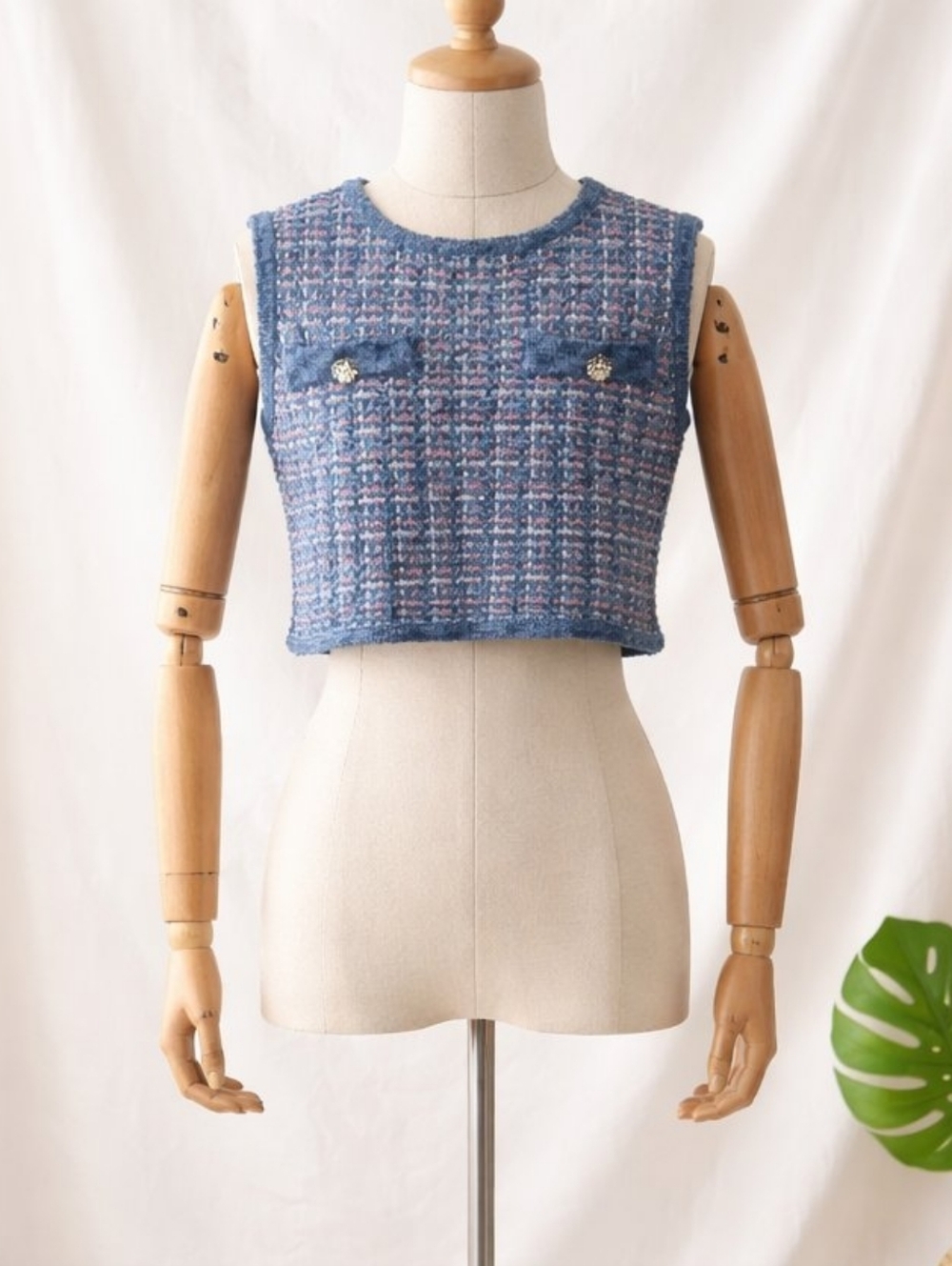 Zara Blue & Pink Tweed Cropped Shell Top